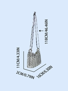 Detail of silver sequin bag with metal chain strap and precise dimension markings