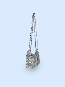 Silver chainmail sequin shoulder bag with metallic link mesh and detachable long chain strap