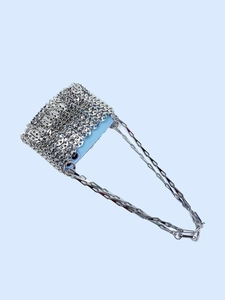 Silver sequin chain phone bag in light blue with crossbody metallic shoulder strap