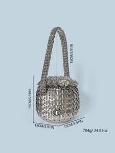 Detailed view of silver metallic sequin handbag with chain handle and dimensions