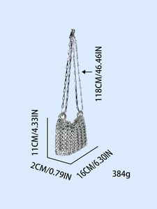 Silver metallic chain link evening bag with sequins and slim crossbody shoulder strap