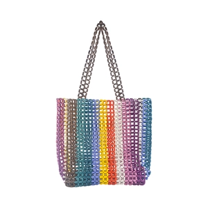Detailed view of colorful maple wood bead woven tote bag with vertical rainbow stripes