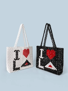 Handmade Acrylic Beaded Handbag Fashion Woven Tote Bag Heart Letter Pattern Contrast Color Vacation Casual Style Women