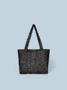 Handmade black beaded tote bag with glossy acrylic beads and minimalist rectangular design