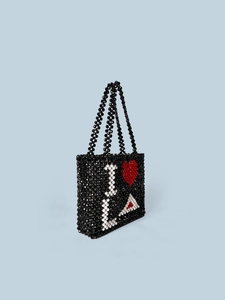 Handmade beaded tote bag with black base and red heart I heart A pattern for summer vacation