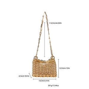Detail of gold metal mesh bag showing dimensions 15x12x2cm with a long chain strap