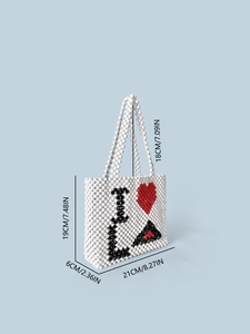 Handmade beaded tote bag with I Heart LA pattern and dimensions shown in white beads