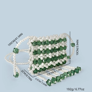 Detailed dimensions of handmade pearl and green crystal mini crossbody bag with fringes