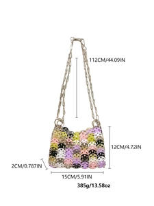 Detail showing multi-color sequin bag dimensions with 112cm silver chain strap