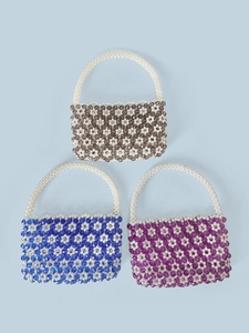 Handgewebte Künstliche Perlenhandtasche Blumenmuster Acryl Faux Künstliche Perle Kontrastfarbe Urlaub Strand Reißverschluss Mode