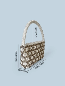 Handgefertigte Blumenperlen-Handtasche in Weiß und Grau mit Größenangaben für Damen