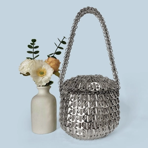 Handmade silver metal chainmail bag with spherical pull-tab design and long chain strap