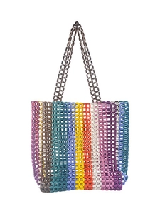 Rainbow Beaded Handbag Handmade Colorful Wooden Bead Woven Tote Bag Bohemian Vacation Shoulder Bag For Women