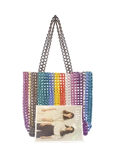 Handmade rainbow beaded maple wood tote bag with vertical colorful stripes for women