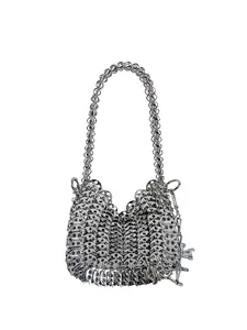 Shiny silver metal ring-linked shoulder bag with futuristic woven texture and chain strap