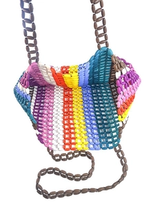 Handmade rainbow beaded shoulder bag with colorful maple wood beads and brown straps