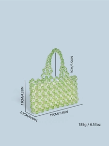 Détails du sac à main en perles vertes avec dimensions de 19x11x2,5 cm et hauteur de l'anse