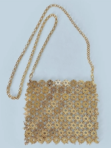 Elegant gold metal flower chain bag with intricate hollow mesh design for women