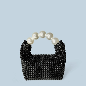 Handgefertigte schwarze Perlen-Handtasche mit großem weißem Perlengriff im Vintage-Stil