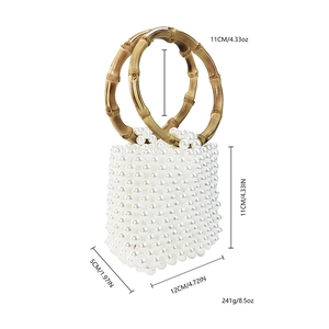 Detailed dimensions of the amber beaded handbag with round bamboo handles for women