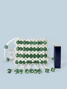 Mini Christmas-style pearl and green acrylic beaded crossbody bag with tassels