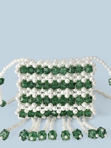Handmade mini pearl and green crystal beaded crossbody bag with elegant tassel fringes