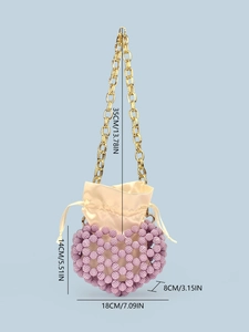Handmade lavender beaded drawstring bucket bag with gold chain strap and sizing details