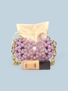 Handmade purple beaded mini handbag for girls with gold chain strap and satin inner pouch