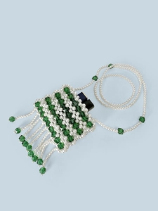 Handmade pearl and green acrylic beaded mini crossbody bag with bottom fringe detail
