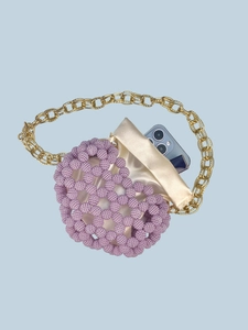 Handmade beaded mini handbag with purple pearls, golden chain, and internal satin pouch