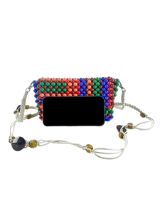 Handmade multicolored beaded crossbody bag with woven shoulder strap and stone accents