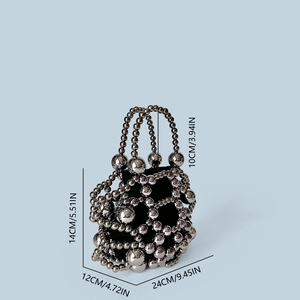 Detailed view of silver beaded handbag with dimensions 24cm wide and 14cm high