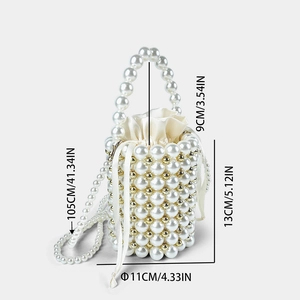 Detailed dimensions of the handmade pearl bucket bag with ivory satin drawstring pouch