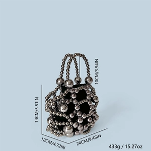Detailed view of silver beaded handbag with dimensions and weight measurements