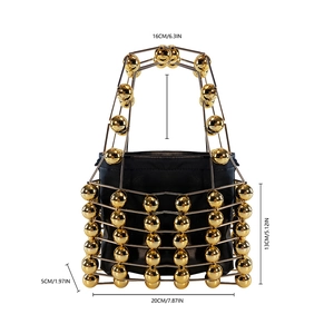 Detailed size chart of the gold hollow metal sphere cage handbag with black drawstring pouch