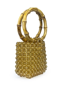Amber beaded handbag with natural bamboo handles in a vintage woven style design