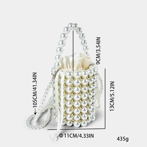 Detailed size map of handmade pearl bucket bag with dimensions and shoulder strap length