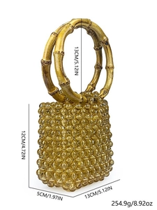 Handmade amber beaded handbag with bamboo handle showing dimensions 13x5x12 cm