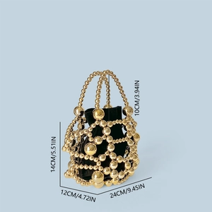 Detailed size view of luxury gold bead woven handbag with dimensions and velvet interior