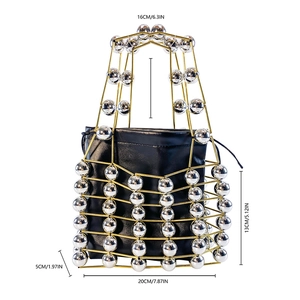 Detailed size specifications of the hollow metal cage handbag with silver beads