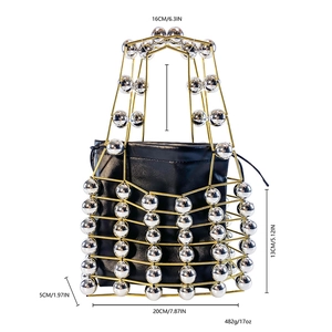 Detailed dimensions of hollow metal frame handbag with gold and silver spheres