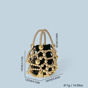 Detail of beaded gold handbag with black drawstring pouch and 14x24x12cm dimensions