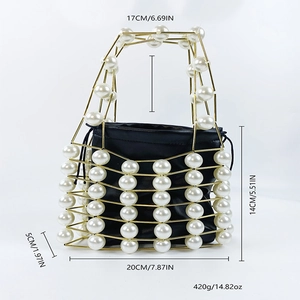 Detailed size specifications for gold hollow pearl handbag with black pouch lining