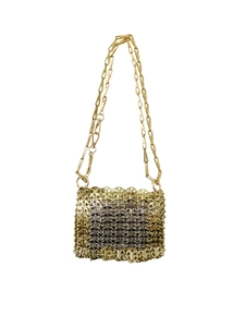 Mini sac bandoulière chic en maille métallique dorée avec double chaîne délicate
