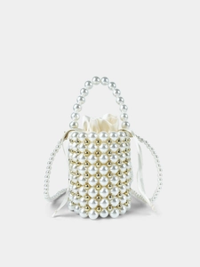 Handmade Beaded Artificial Pearl Bucket Bag Vintage Satin Drawstring Evening Bag Elegant Crossbody Handheld Wedding Party Handbag For Women