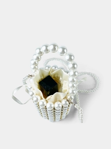 Handmade pearl bucket bag with round top handle and drawstring satin lining for women