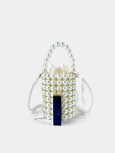 Handmade pearl woven bucket bag with drawstring satin lining and crossbody chain
