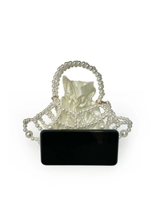 Elegant white pearl beaded handbag with satin drawstring pouch and round pearl handle