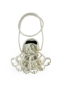 Handmade woven pearl beaded handbag with champagne satin inner pouch and long strap