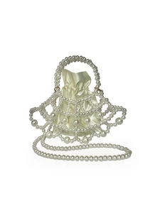 Elegant white beaded pearl handbag with hollow weave design and removable strap